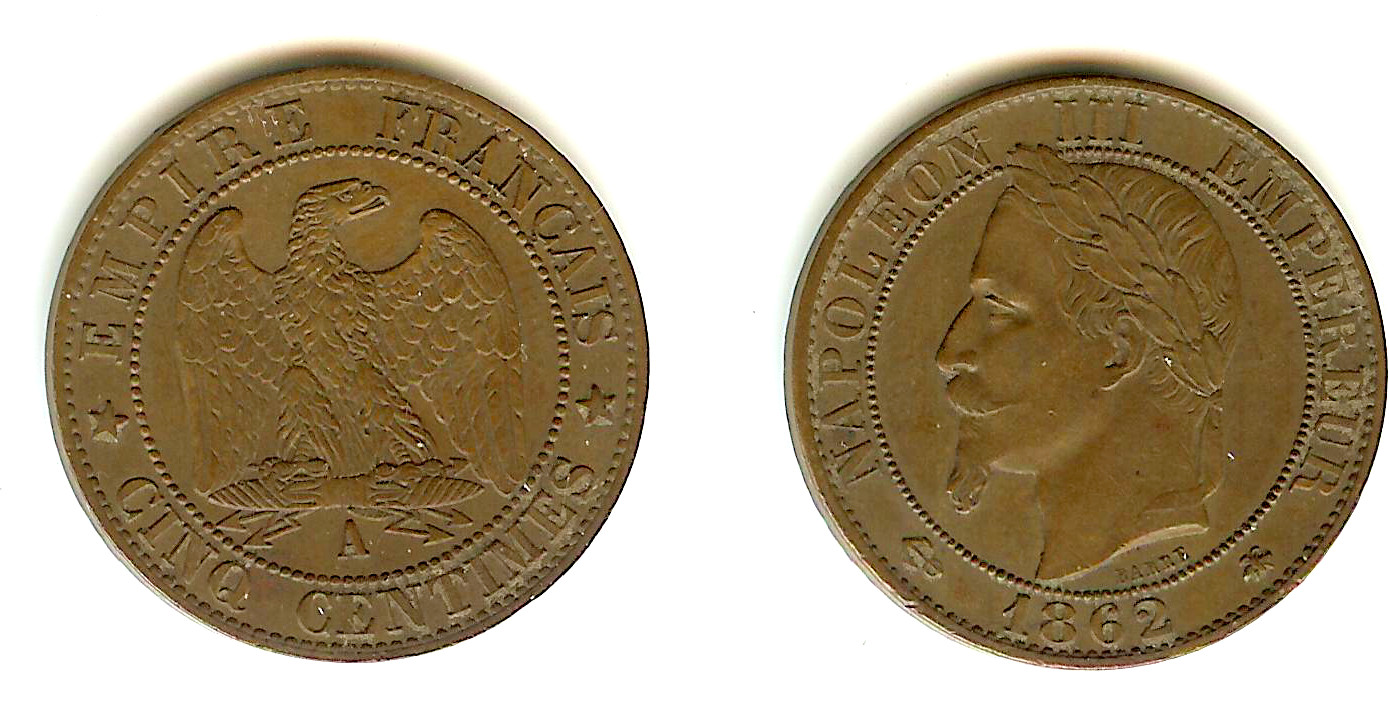 Cinq centimes Napoléon III, tête laurée 1862 Paris SUP à SUP+